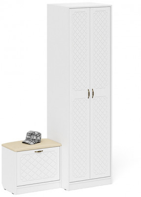 Прихожая П-6 Компоновка № 10, цвет белая шагрень/фасады МДФ белое дерево фрезеровка ромб, ШхГхВ 120х50х210 см., универсальная сборка