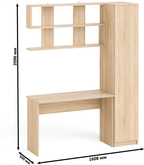 Мори Стол письменный МСП1200.1 + Пенал МШ400.1 + Полка 1200, цвет дуб сонома, ШхГхВ 160,8х50,4х209,6 см., универсальная сборка