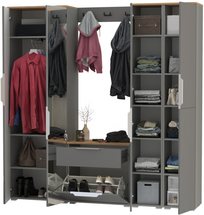 Октава Прихожая 30, цвет серый графит/дуб крафт золотой/фасады МДФ серый графит, ШхГхВ 193,7х35,4х197,6 см., универсальная сборка