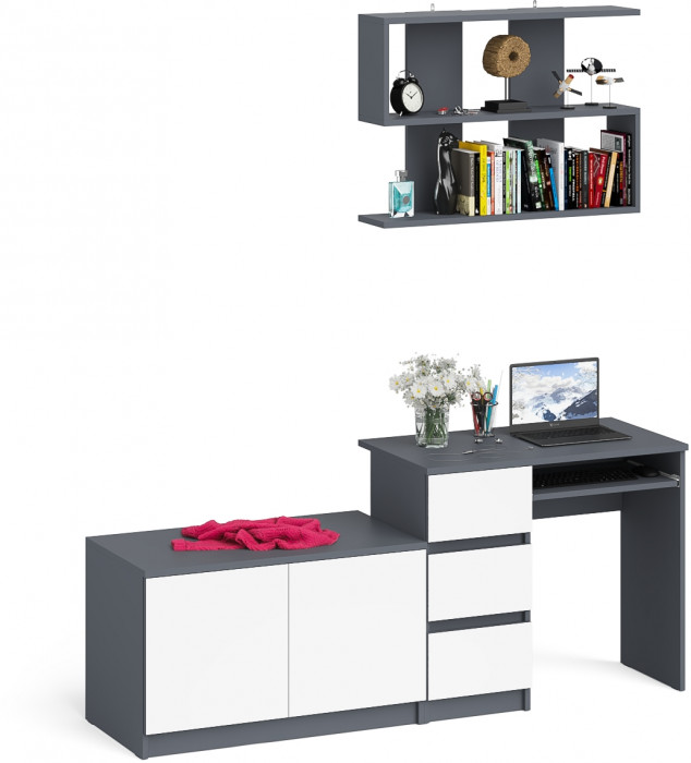 Мори компьютерный стол МС-6 левый + Тумба МА900.1 + Полка 900, графит/белый