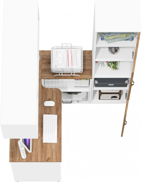 Лидер-8 Стол + Полка + Пенал, цвет белый шагрень/крафт золото, ШхГхВ 205х50/30х75/190 или 115х50/120х75/190 см., НЕ универсальная сборка