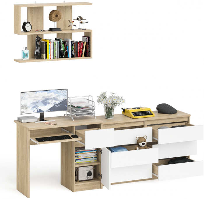 Мори Стол компьютерный МС-1 правый + Комод МК1200.6 + Полка 900, цвет дуб сонома/белый, ШхГхВ 210,4х50х209,6 см., НЕ универсальная сборка