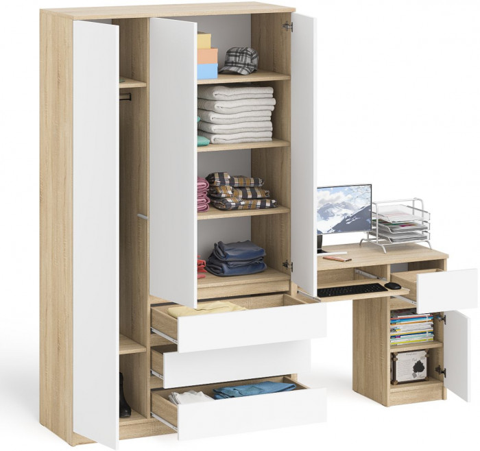 Мори Стол компьютерный МС-1 правый + Шкаф МШ1200.1, цвет дуб сонома/белый, ШхГхВ 210,4х50,4х209,6 см., выдвижной ящик справа, НЕ универсальная сборка