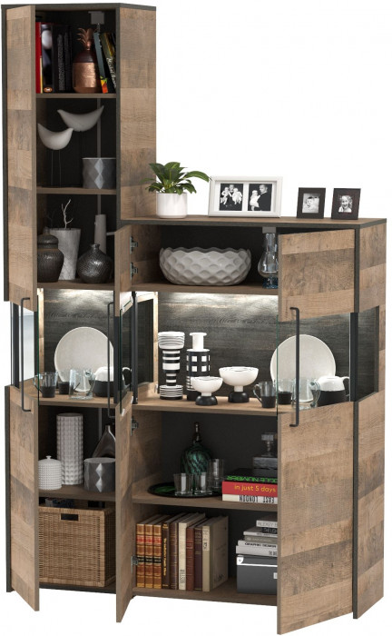 Трувор 13.205 Шкаф-пенал с витриной + 13.306 Комод с витриной, цвет дуб гранж песочный/интра, ШхГхВ 130,6х37х210 см., универсальная сборка