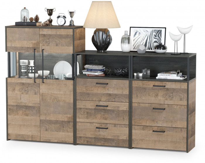 Трувор 13.306 Комод с витриной + 13.307.02 Комод с ящиками + 13.307.02 Комод с ящ., дуб гранж песочный/интра