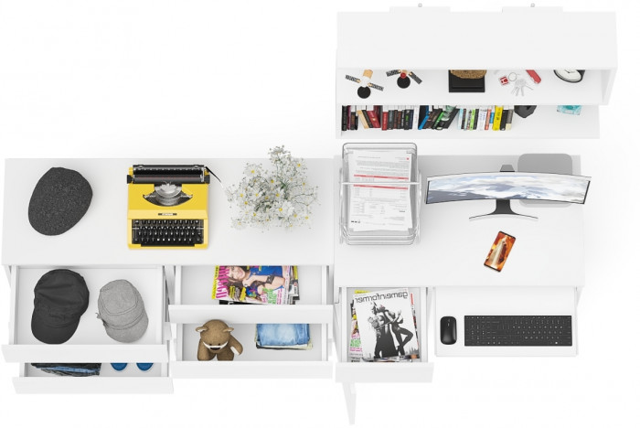 Мори Стол компьютерный МС-1 левый + Комод МК1200.6 + Полка 900, цвет белый, ШхГхВ 210,4х50х209,6 см., НЕ универсальная сборка