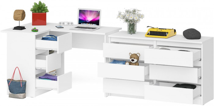 Мори Стол компьютерный МС-16 левый + Комод МК1200.6, цвет белый, ШхГхВ 244,8х84,9х76,6 см., выдвижные ящики слева, НЕ универсальная сборка