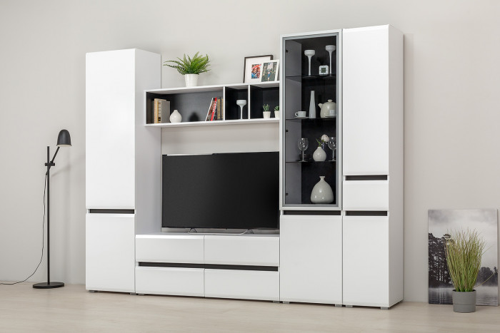 Сидней 13.201 Шкаф-витрина, корпус: белый/чёрный/фасады: МДФ белый глянец/прозрачное стекло с серой тонировкой