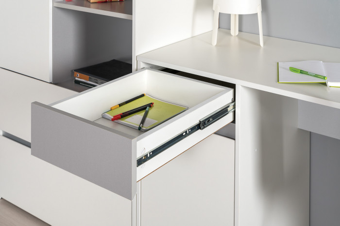 Торонто 12.149 Стол + 13.13 Шкаф комбинированный + 16.475 Полка, белый шагрень/стальной серый