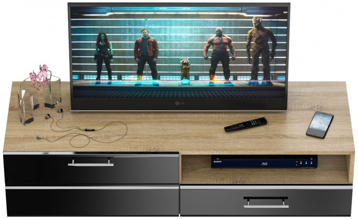 Тумба под ТВ Ларго 1, корпус дуб сонома/фасады МДФ чёрный глянец