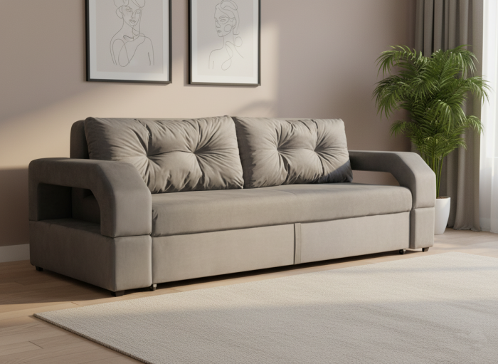 Диван-еврокнижка Манчестер, пружинный блок, 160х195, подсветка, велюр серый