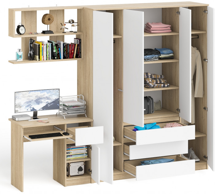 Мори компьютерный стол МС-1 правый + Шкаф МШ1600.1 + Полка 900, дуб сонома/белый