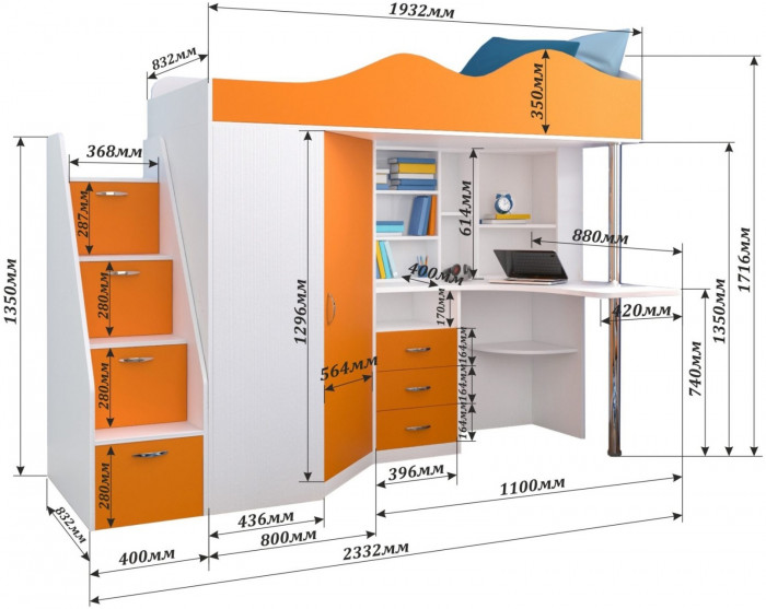 Кровать-чердак Пионер 1 (Ясень Анкор Темный/Белое дерево)