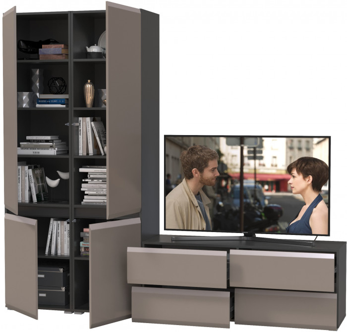 Сидней Комплектация № 007, цвет корпус: антрацит/фасады: МДФ веллюто капучино, ШхГхВ 229,9х41,3х205,2 см., ниша для ТВ 129х41х100 см., универс. сборка