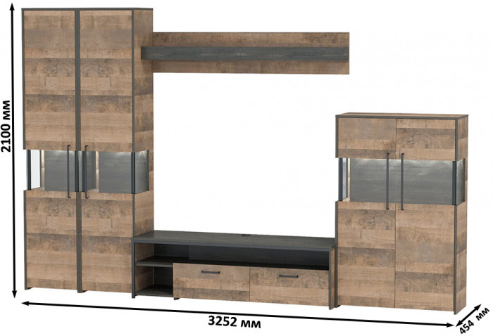 Трувор Гостиная 039, цвет дуб гранж песочный/интра, ШхГхВ 325,2х45,4х210 см., универсальная сборка