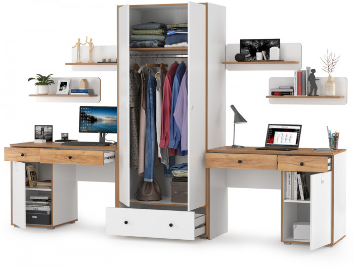 Вуди Компоновка № 27, цвет белый премиум/дуб крафт золотой, ШхГхВ 306х52,7х205 см., универсальная сборка