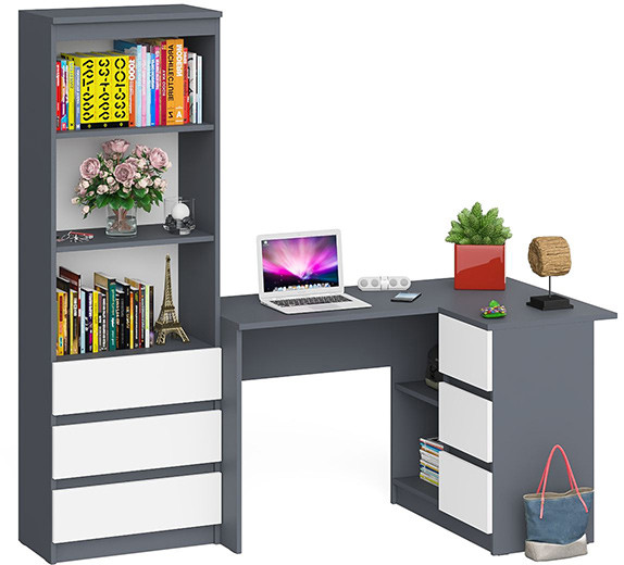 Мори компьютерный стол МС-16 правый + Стеллаж МСТ600.3, графит/белый