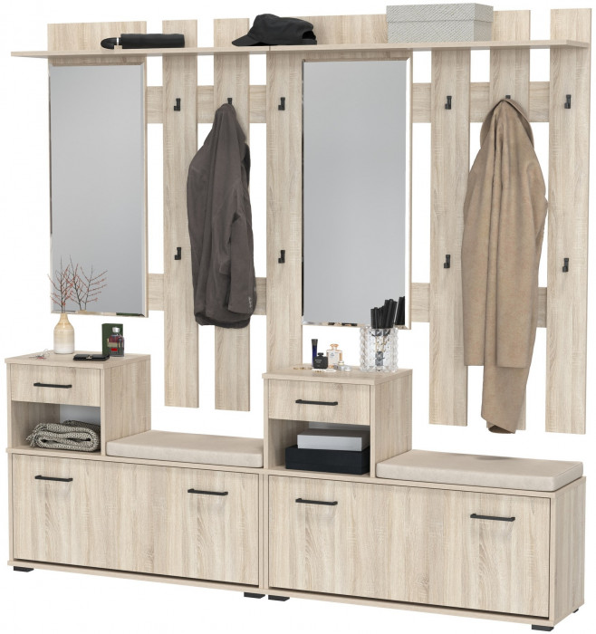 Лира ГК Прихожая 2 Два х Тумба под обувь + Два х Вешалка с зеркалом, дуб сонома
