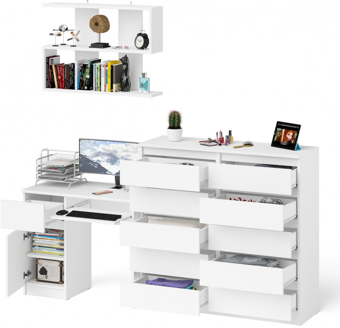 Мори Стол компьютерный МС-1 левый + Комод МК1200.10 + Полка 900, цвет белый, ШхГхВ 210,4х50х209,6 см., НЕ универсальная сборка