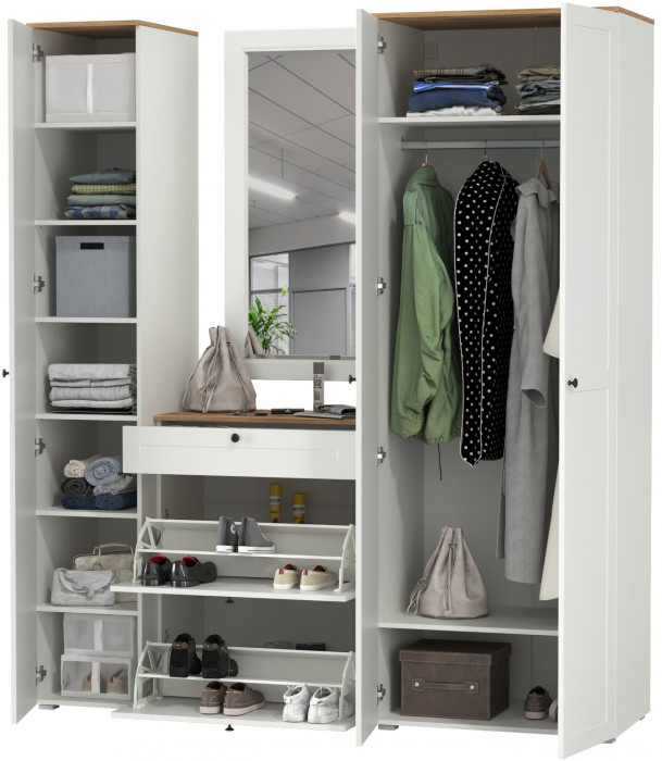 Остин Прихожая 40, цвет белый шагрень/дуб крафт золотой, ШхГхВ 200х54,3х229,6 см., универсальная сборка