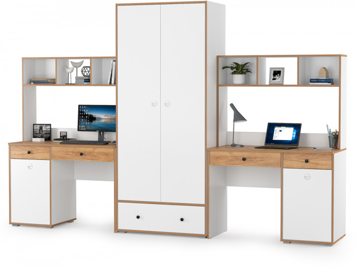 Вуди Компоновка № 28, цвет белый премиум/дуб крафт золотой, ШхГхВ 306х52,7х205 см., универсальная сборка