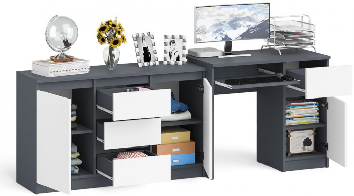 Мори Стол компьютерный МС-1 правый + Комод МК1200.3, цвет графит/белый, ШхГхВ 210,4х50х76,6 см., выдвижной ящик справа, НЕ универсальная сборка
