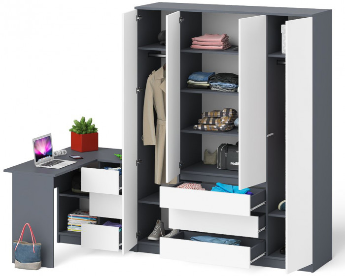 Мори Стол компьютерный МС-16 правый + Шкаф МШ1600.1, цвет графит/белый, ШхГхВ 284,8х84,9х209,6 см., выдвижные ящики справа, НЕ универсальная сборка