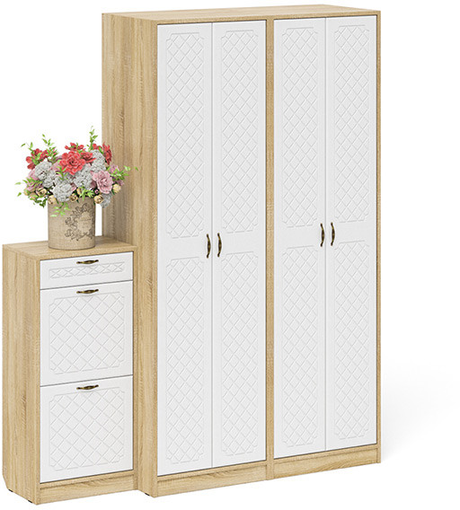 Прихожая П-6 Компоновка № 13, дуб сонома/фасады МДФ белое дерево фрезеровка ромб