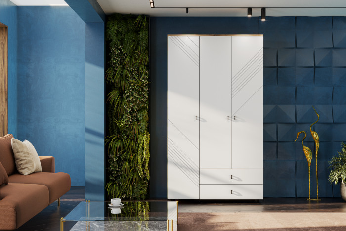 Шкаф трехстворчатый с ящиками Байкал, Дуб Золотой, Белый матовый