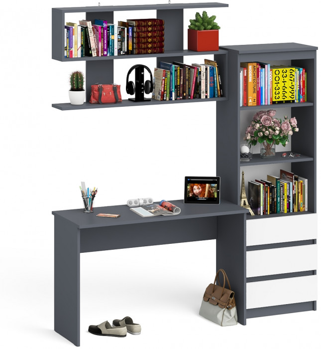 Мори письменный стол МСП1200.1 + Стеллаж МСТ600.3 + Полка 1200, графит/белый