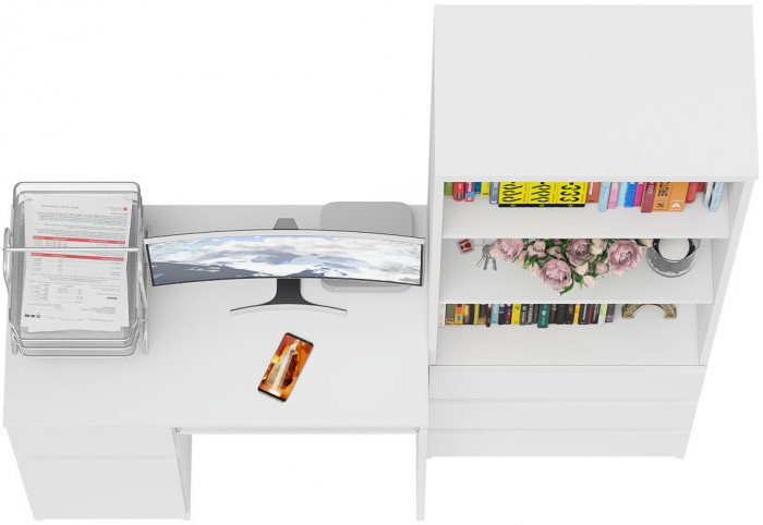 Мори Стол компьютерный МС-1 левый + Стеллаж МСТ600.3, цвет белый, ШхГхВ 150,4х50х179,6 см., выдвижной ящик слева, НЕ универсальная сборка