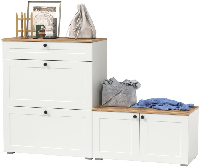 Остин 16.121 Тумба для обуви + 13.257 Тумба, цвет белый шагрень/дуб крафт золотой, ШхГхВ 160х41,9х99,3 см., универсальная сборка