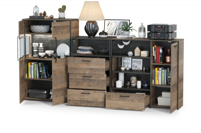 Трувор 13.307.01 Комод + 13.306 Комод с витриной + 13.307.02 Комод с ящиками, дуб гранж песочный/интра