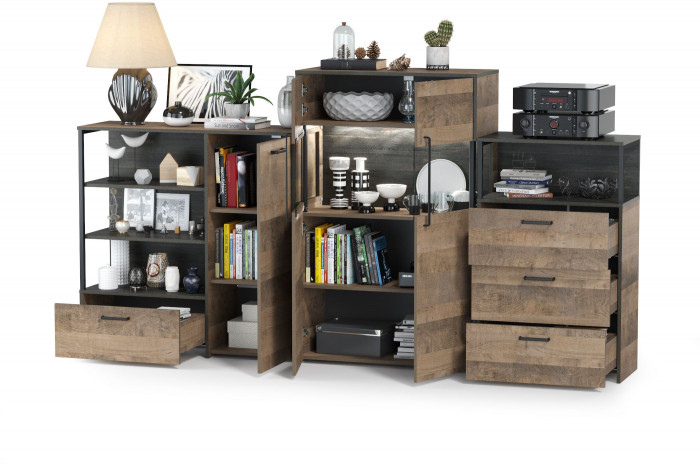 Трувор 13.307.01 Комод + 13.306 Комод с витриной + 13.307.02 Комод с ящиками, дуб гранж песочный/интра