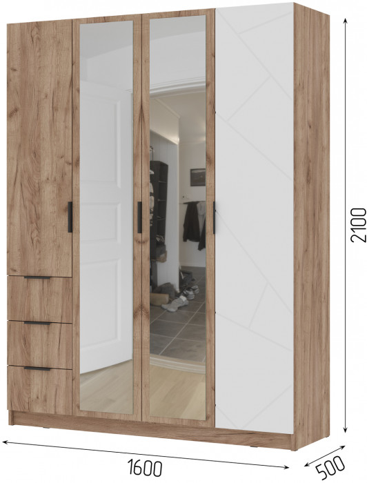 ОРЕГОН ШК 04 Шкаф 4х-створчатый (1600х2100х500) Фасад МДФ БЕЛЫЙ СУПЕРМАТ,ДУБ КРАФТ ТАБАЧНЫЙ/Корпус ДУБ КРАФТ ТАБАЧНЫЙ