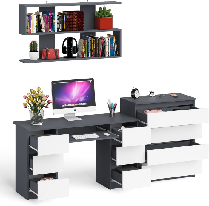 Мори компьютерный стол МС-2 + Комод МК800.4 + Полка 1200, графит/белый