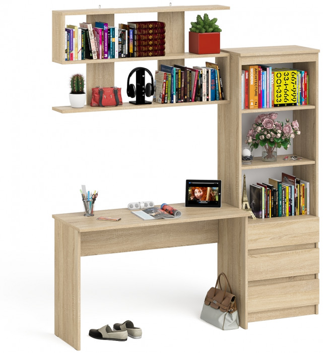 Мори письменный стол МСП1200.1 + Стеллаж МСТ600.3 + Полка 1200, дуб сонома