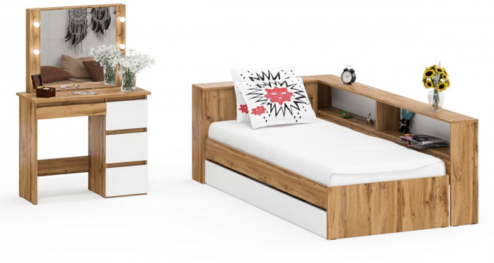 Ксения Кровать с ящиками 0900 + прикроватный блок + Столик с подсветкой Сура, дуб вотан/белый