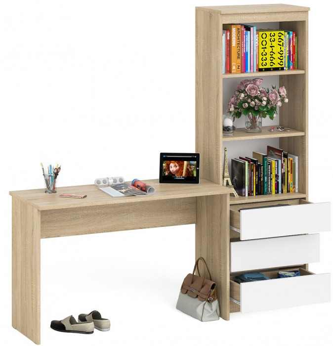 Мори письменный стол МСП1200.1 + Стеллаж МСТ600.3, дуб сонома/белый