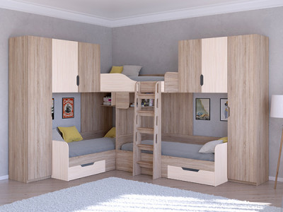 Трехместная кровать ТРИО/3 Сонома/Дуб молочный