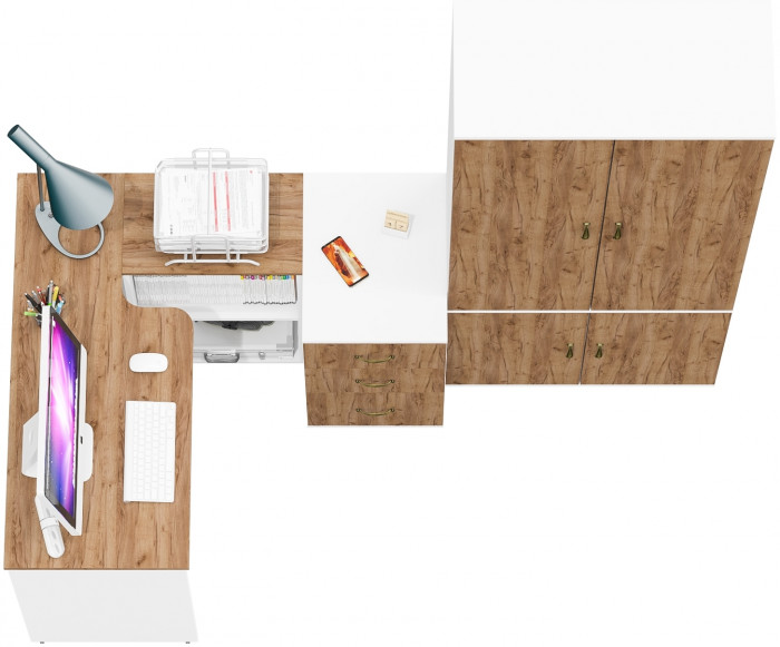 Лидер-8 Стол + Тумба МД 3.16 + Шкаф МД 20Б, цвет белый шагрень/крафт золото, ШхГхВ 285х50/37,5х75/190 или 115х200/50х75/190 см., НЕ ун. сборка