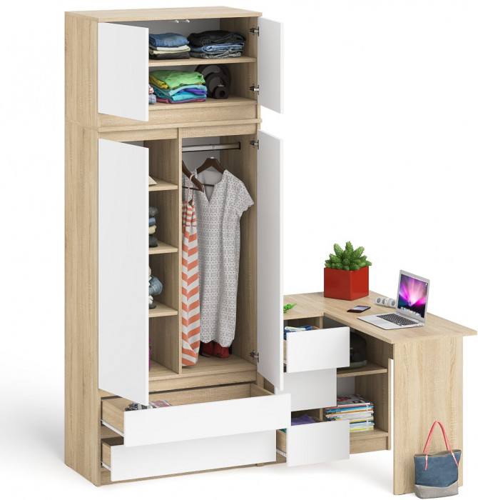 Мори Стол компьютерный МС-16 левый + Шкаф МШ900.1 + Антресоль МА900.1, цвет дуб сонома/белый, ШхГхВ 214,8х84,9х234,2 см., выд. ящ. слева, НЕ ун. сб.