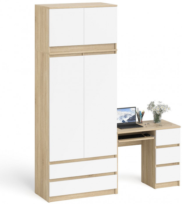 Мори Стол компьютерный МС-6 правый + Шкаф МШ900.1 + Антресоль МА900.1, цвет дуб сонома/белый, ШхГхВ 180,4х50,4х234,2 см., выд. ящ. справа, НЕ ун. сб.