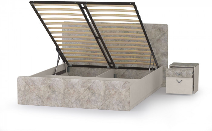 Амели Кровать 11.31 + подъёмный ортопед + тумбочка, цвет шёлковый камень/бетон чикаго беж, ШхГхВ 222,4х205,2х104,3 см., сп. м. 1600х2000 мм., б/м
