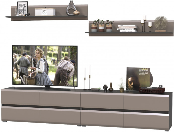 Сидней Комплектация № 044, цвет корпус: антрацит/фасады: МДФ веллюто капучино, ШхГхВ 260х41,3х200 см., ниша для ТВ 130х41х100 см., универс. сборка