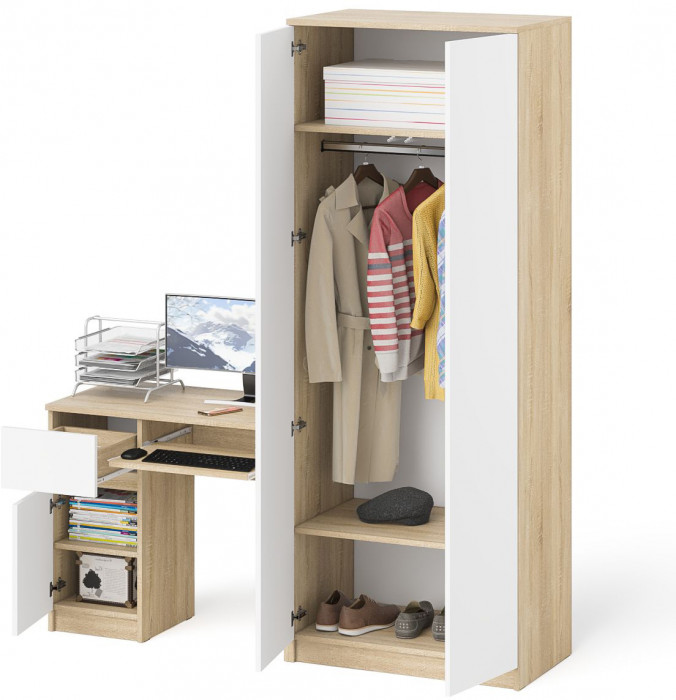 Мори компьютерный стол МС-1 левый + Шкаф МШ800.1, дуб сонома/белый