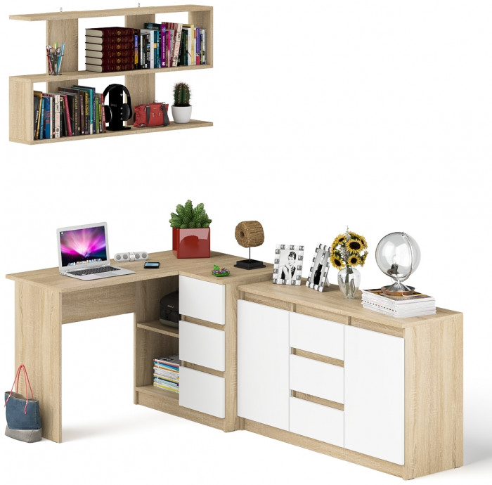 Мори компьютерный стол МС-16 правый + Комод МК1200.3 + Полка 1200, дуб сонома/белый