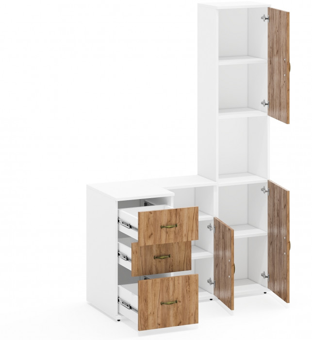 Лидер-8 Пенал + Тумба МД 3.16 + Тумба МД 3.19, цвет белый шагрень/крафт золото, ШхГхВ 120х50х190 см., универсальная сборка