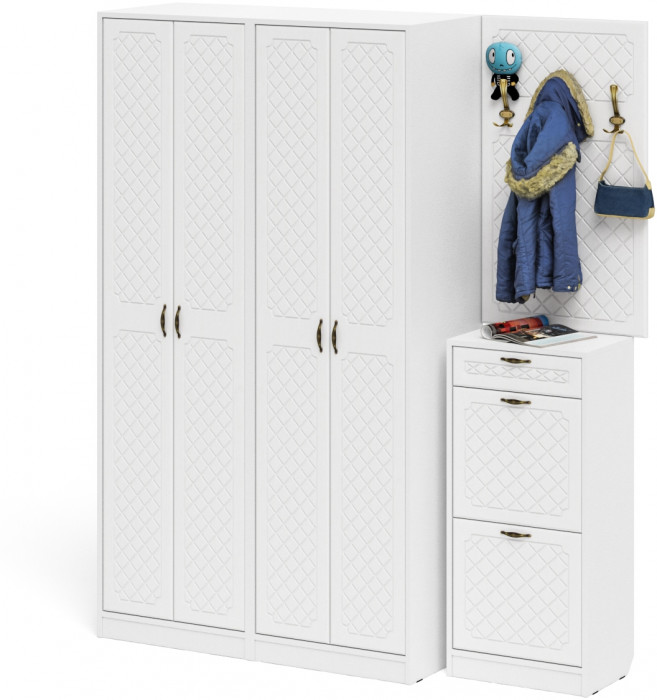 Прихожая П-6 Компоновка № 15, белая шагрень/фасады МДФ белое дерево фрезеровка ромб