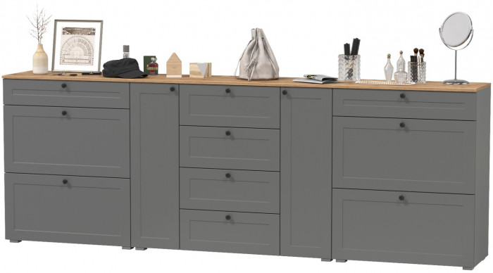 Остин 16.221 Комод + 16.121 Тумба для обуви + 16.121 Тумба для обуви, цвет серый графит/дуб крафт золотой, ШхГхВ 280х41,9х99,3 см., ун. сборка